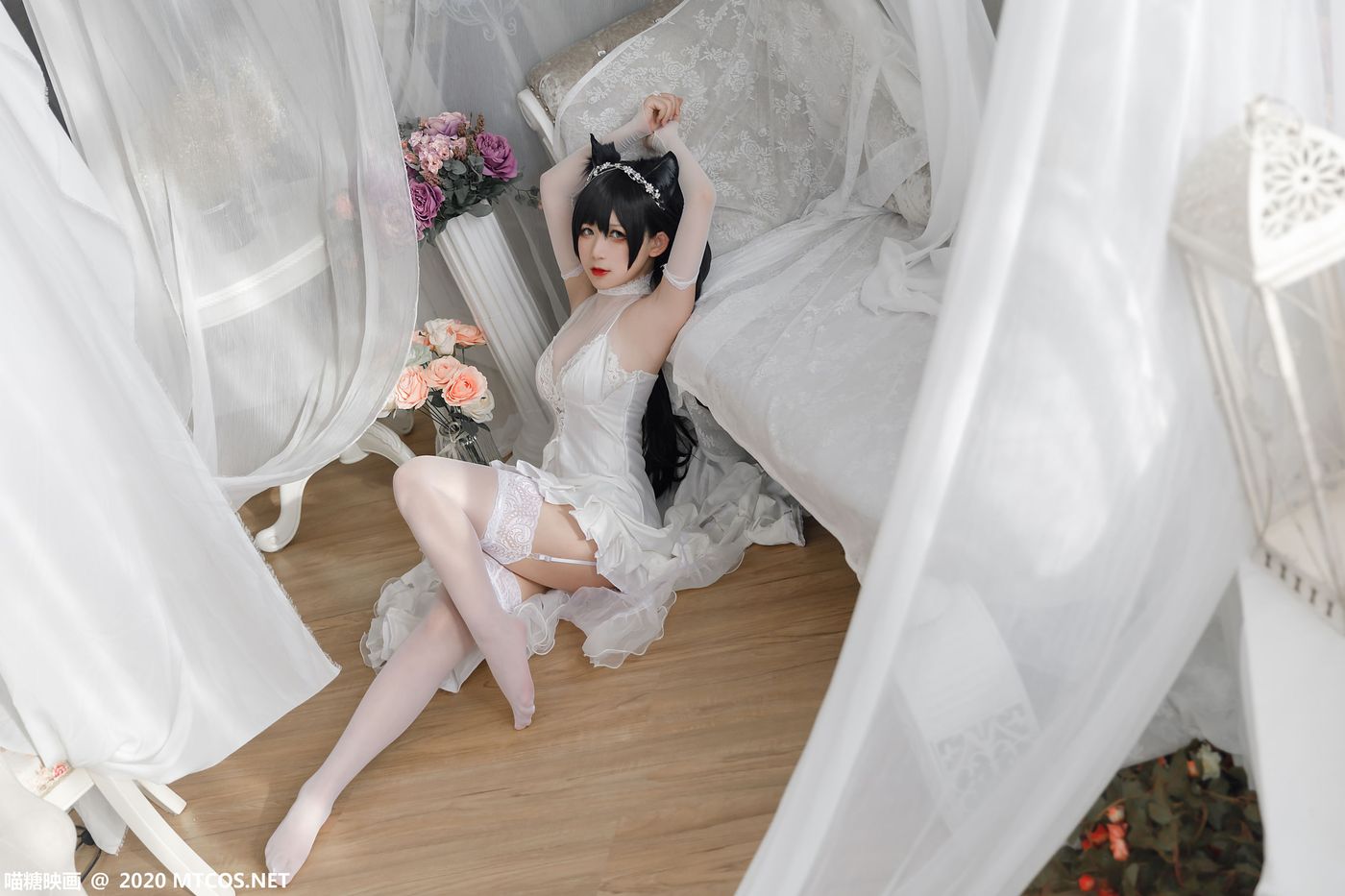 喵糖映画清纯萌妹子丝质吊裙丝袜美腿COS碧蓝航线爱宕花嫁