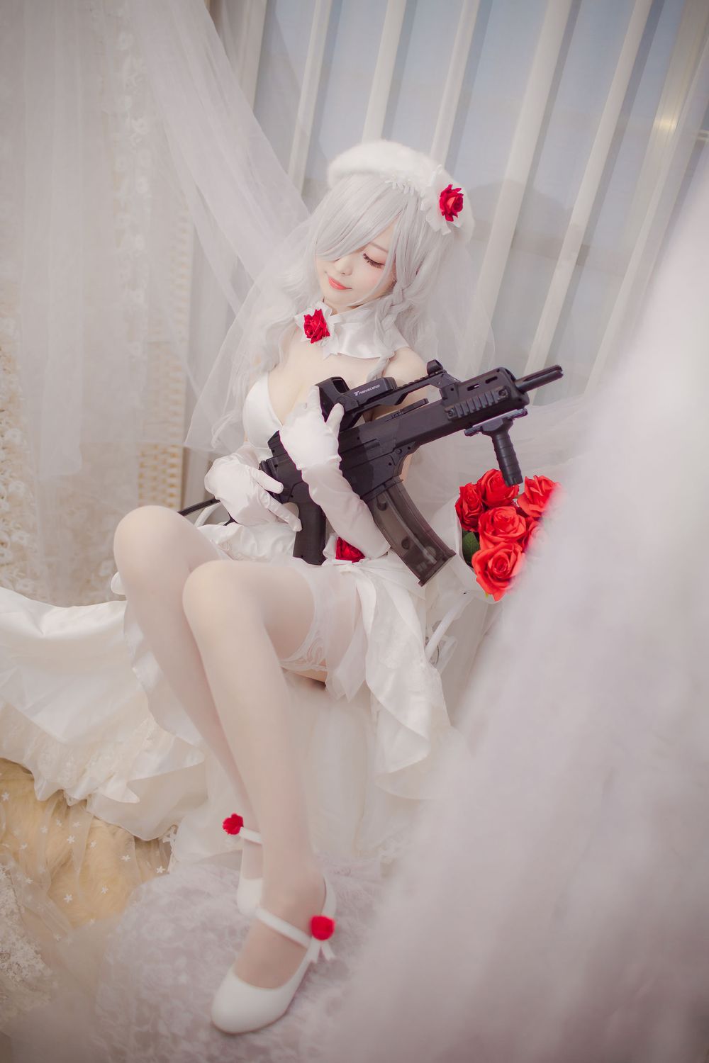 喵糖映画性感萌妹子白色丝袜纯白花嫁COSPLAY少女前线套图